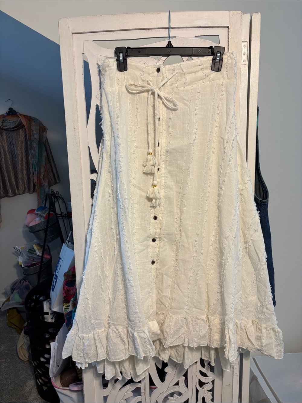 Boho White Tiered Button-Front Maxi Skirt